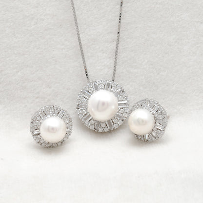 CZ & Pearl Necklace Earrings Set – 925 Silver & Gold Plated
