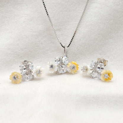 Enamel Floral CZ Necklace & Earrings Set – 925 Silver, 17+2 Inch