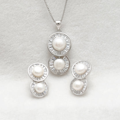CZ & Pearl Necklace Earrings Set – 925 Sterling Silver, 20 Inch