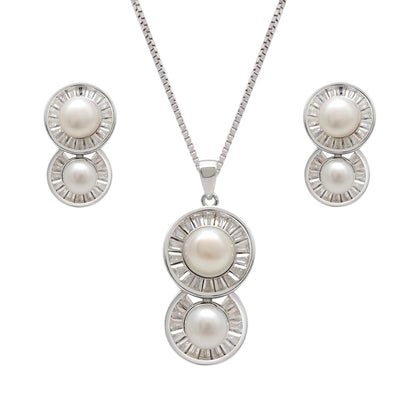 CZ & Pearl Necklace Earrings Set – 925 Sterling Silver, 20 Inch