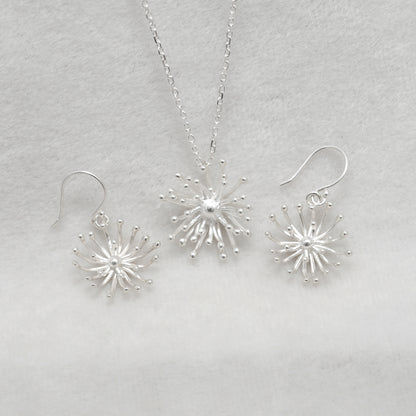 Dandelion CZ Necklace Earrings Set – 925 Sterling Silver, 19 Inch