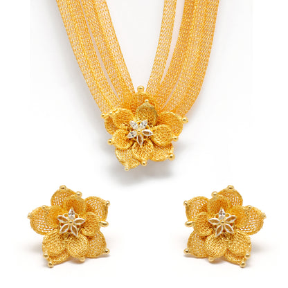 Layered Floral CZ Necklace Earrings Set – 925 Sterling Silver & Gold Plated, Adjustable 17+1 Inch