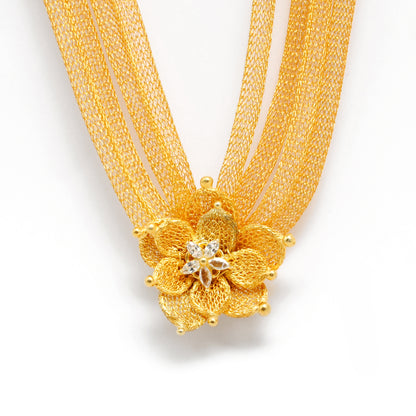 Layered Floral CZ Necklace Earrings Set – 925 Sterling Silver & Gold Plated, Adjustable 17+1 Inch