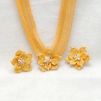 Layered Floral CZ Necklace Earrings Set – 925 Sterling Silver & Gold Plated, Adjustable 17+1 Inch