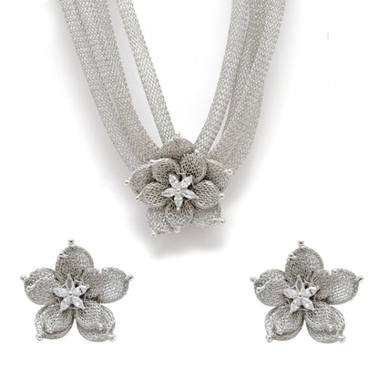 Layered Floral CZ Necklace Earrings Set – 925 Sterling Silver & Gold Plated, Adjustable 17+1 Inch