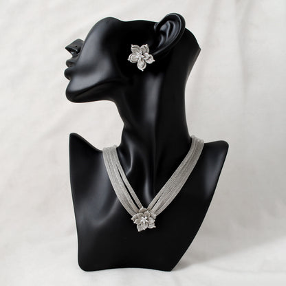 Layered Floral CZ Necklace Earrings Set – 925 Sterling Silver & Gold Plated, Adjustable 17+1 Inch