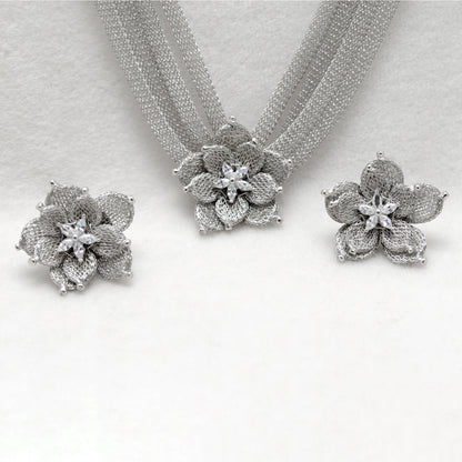 Layered Floral CZ Necklace Earrings Set – 925 Sterling Silver & Gold Plated, Adjustable 17+1 Inch