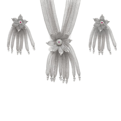 Filigree Layered Mesh CZ Necklace Set – 925 Silver & Gold Plated, 20+1 Inch