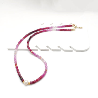 Shaded Ruby Faceted Rondelle Gemstone Necklace, 18-Inch Pearl & Sterling Silver Jewelry