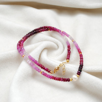 Shaded Ruby Faceted Rondelle Gemstone Necklace, 18-Inch Pearl & Sterling Silver Jewelry