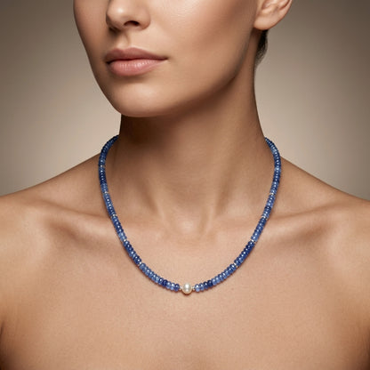 Natural Blue Sapphire & Pearl Beaded Necklace | Handmade Gemstone Strand Necklace for Women | September Birthstone Gift
