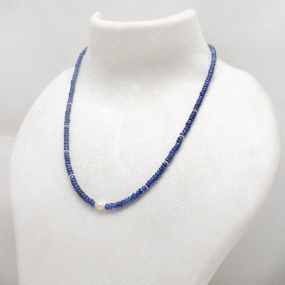 Genuine Blue Sapphire 5mm Beads With Pearl Necklace