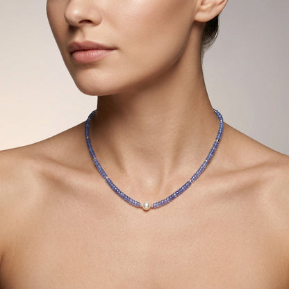 Natural Blue Tanzanite & Pearl Beaded Necklace | Handmade Gemstone Strand Necklace for Women | December Birthstone Gift