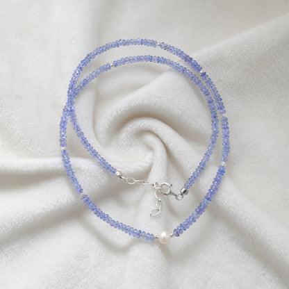 Natural Blue Tanzanite & Pearl Necklace, 925 Sterling Silver, Stylish Beaded Jewelry Gift