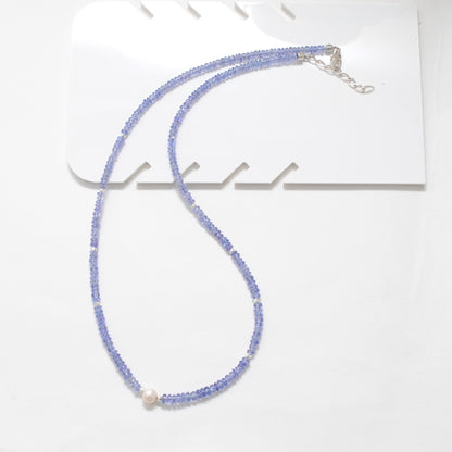 Natural Blue Tanzanite & Pearl Necklace, 925 Sterling Silver, Stylish Beaded Jewelry Gift