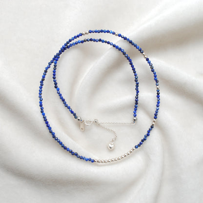 925 Sterling Silver Natural Lapis Lazuli Rondelle Beaded Necklace with Ball Beads