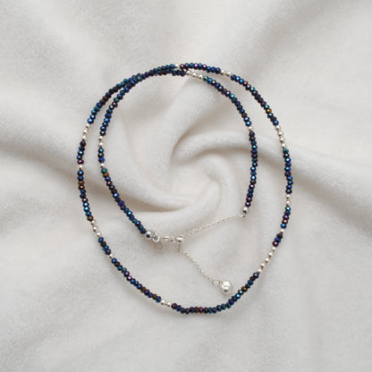 Black Spinel Blue Mystic Coated Beads Silver Necklace