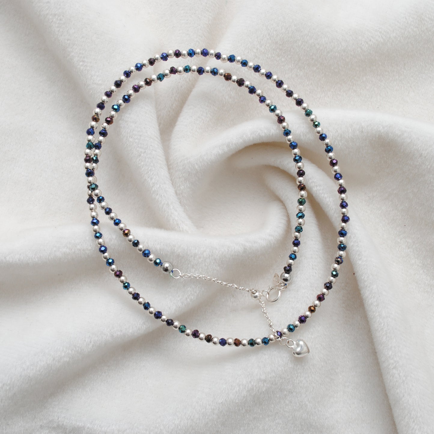Black Spinel Blue Mystic Coated Silver Beaded Charm Necklace
