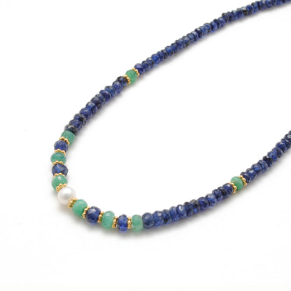 Emerald, Blue Sapphire & Pearl Beaded Necklace, 925 Silver, Handmade Gift