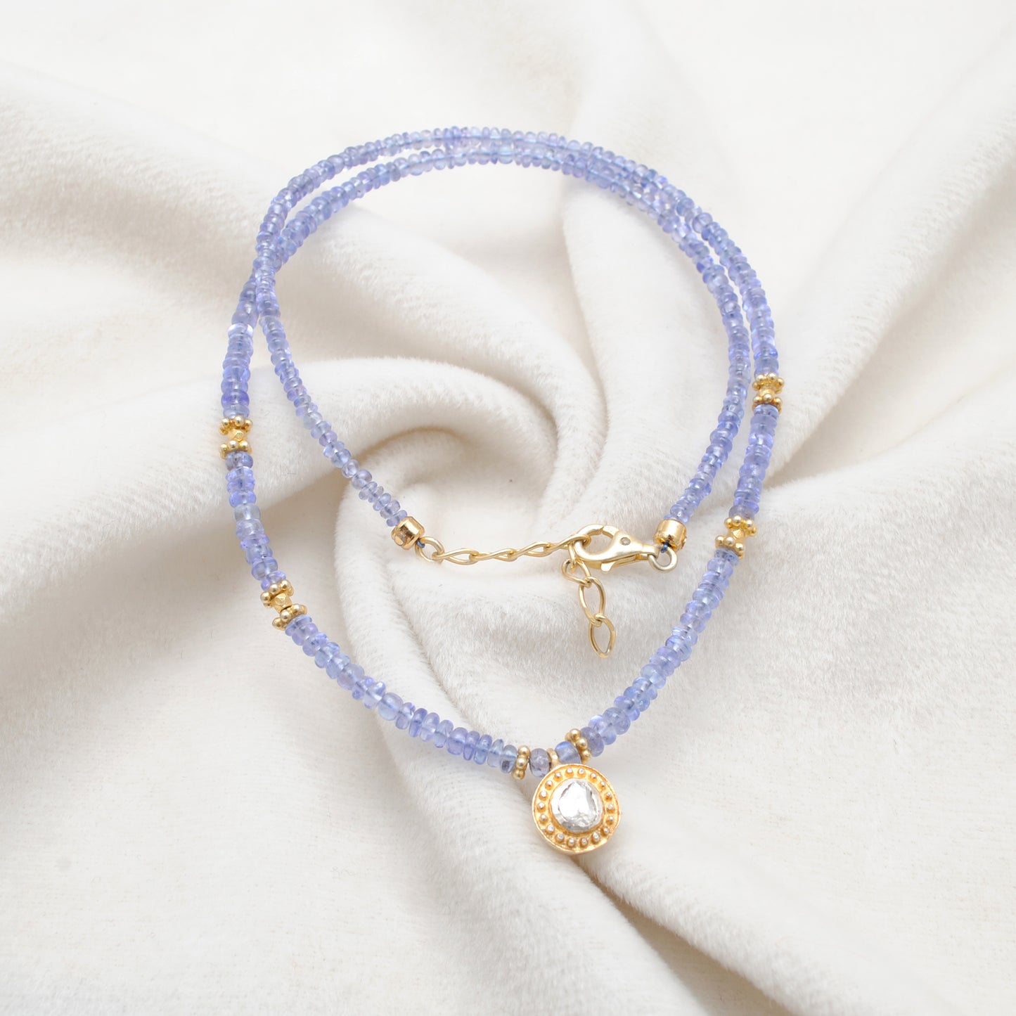 925 Sterling Silver Tanzanite Necklace with Rose Cut Diamond Pendant