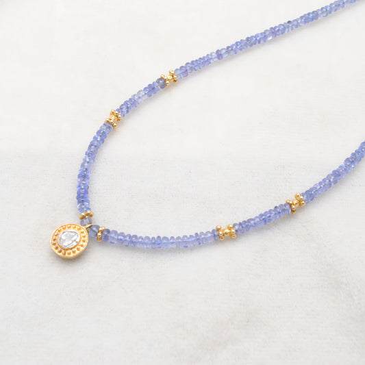 925 Sterling Silver Tanzanite Necklace with Rose Cut Diamond Pendant