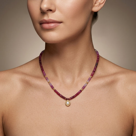 Genuine Ombre Ruby Beaded Necklace with Uncut Diamond Pendant | Handmade Gradient Ruby Strand Necklace | July Birthstone Luxury Gift