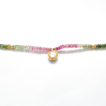 925 Sterling Silver Tourmaline Rondelle Beaded Necklace with Rose Cut Diamond Pendant, Handmade Gift