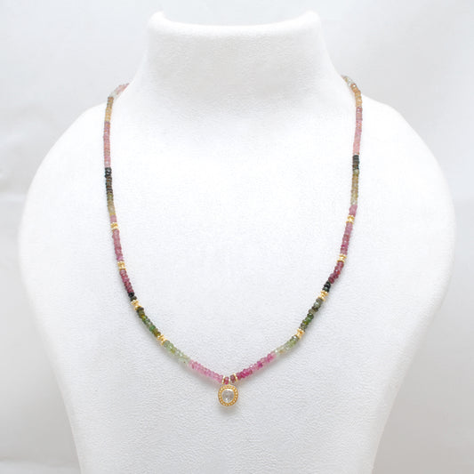 925 Sterling Silver Tourmaline Rondelle Beaded Necklace with Rose Cut Diamond Pendant, Handmade Gift