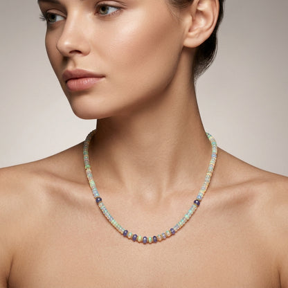 Natural Ethiopian Opal & Tanzanite Beaded Necklace Gold-Plated | Handmade Gemstone Strand Necklace for Women | Luxury Gift