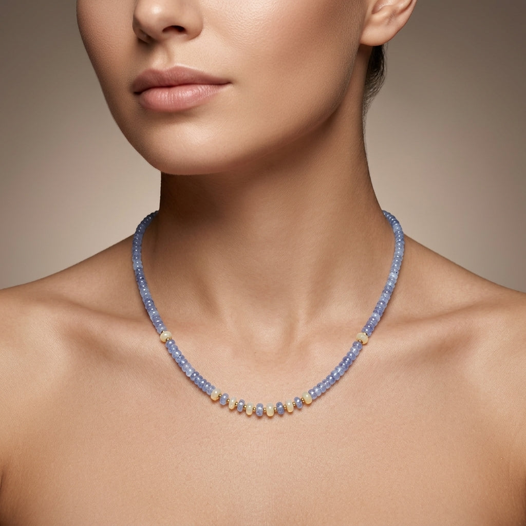 Natural Faceted Tanzanite & Ethiopian Opal Gold-Plated Beaded Necklace | Handmade Gemstone Strand Necklace | Luxury Birthstone Gift