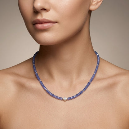 Natural Tanzanite & Freshwater Pearl Beaded Necklace | Handmade Gemstone Strand Necklace for Women | December Birthstone Gift