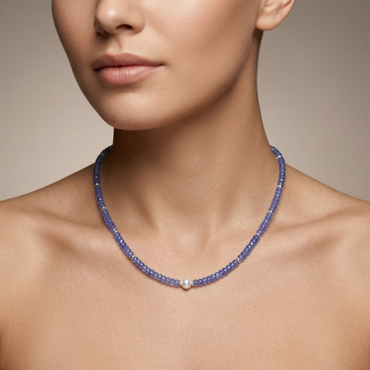 Natural Tanzanite & Freshwater Pearl Beaded Necklace | Handmade Gemstone Strand Necklace for Women | December Birthstone Gift