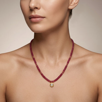 Natural Ruby Beaded Necklace with Rose Cut Diamond Pendant | Handmade Gemstone Pendant Necklace for Women | July Birthstone Luxury Gift