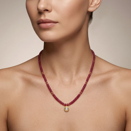 Natural Ruby Beaded Necklace with Rose Cut Diamond Pendant | Handmade Gemstone Pendant Necklace for Women | July Birthstone Luxury Gift