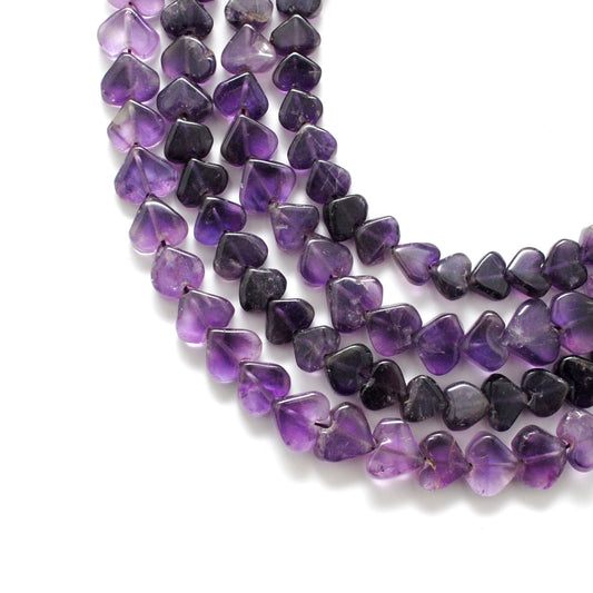 AAA natural amethyst heart beads 7-12mm - front view strand purple gemstone