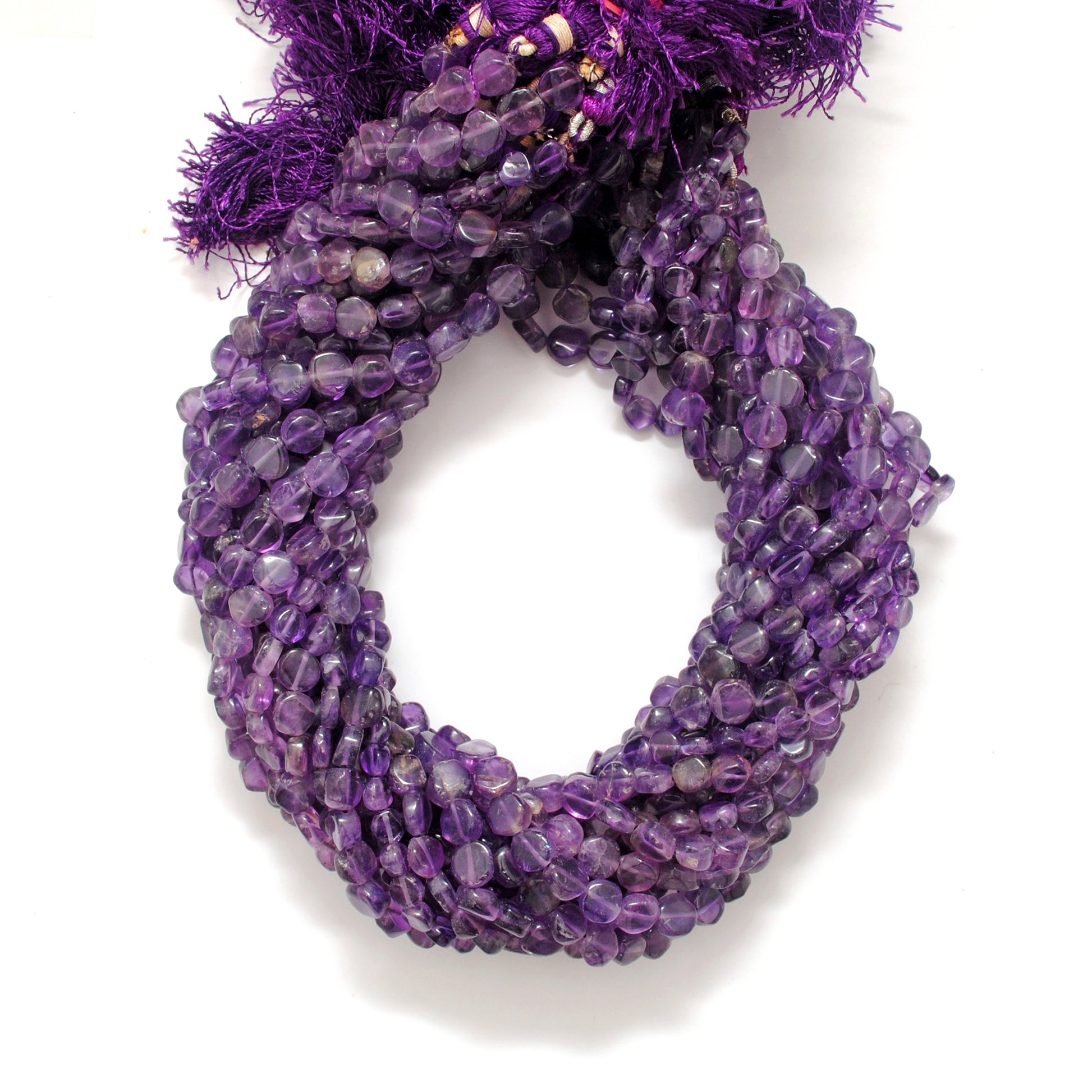 Amethyst coin beads February birthstone - side profile stacked