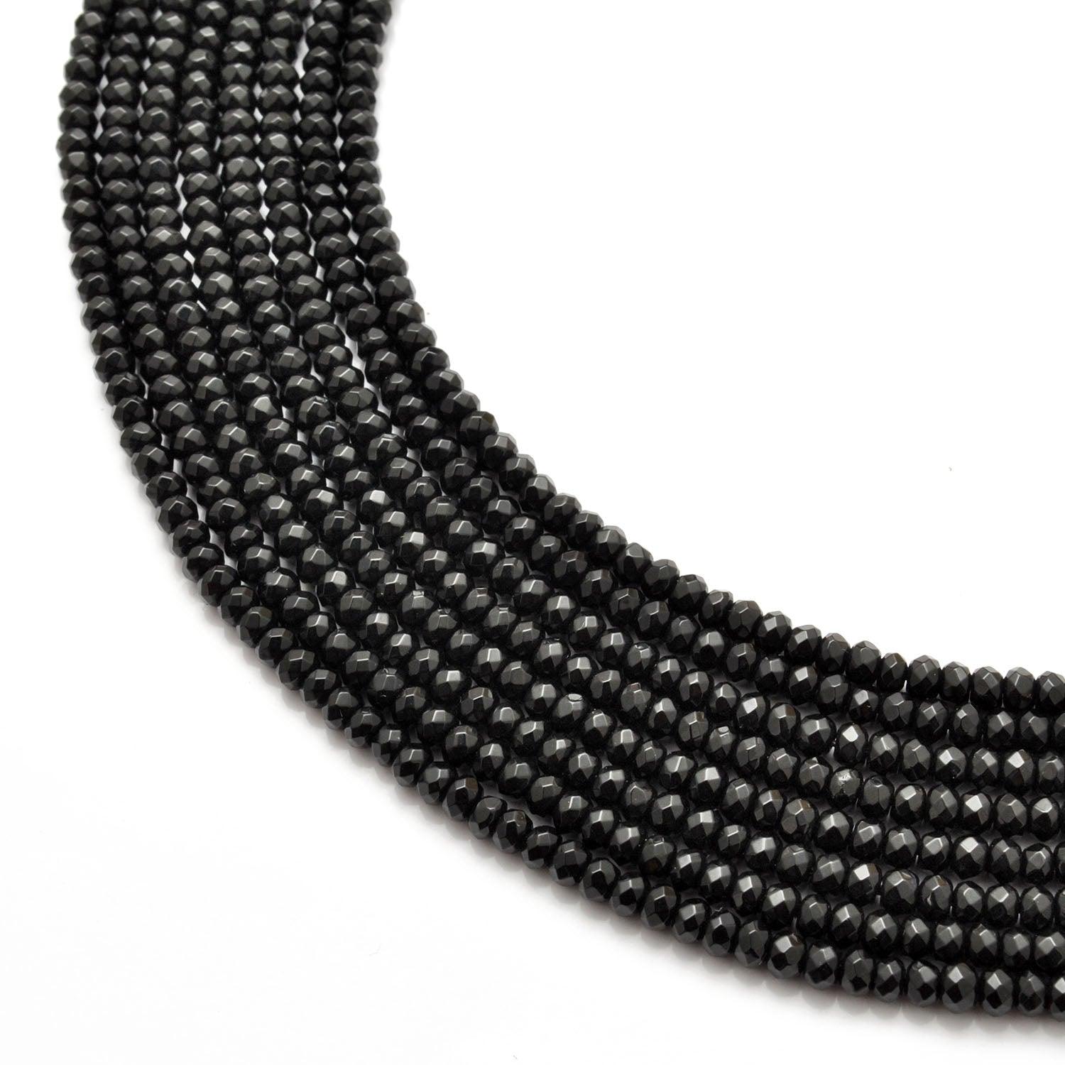 Black onyx rondelle faceted beads 14 inch strand - front view deep black