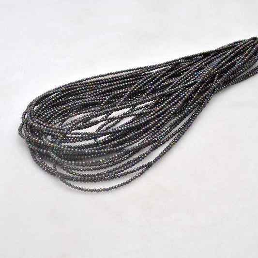 Black spinel coated round faceted beads 16 inch strand - front view jet black