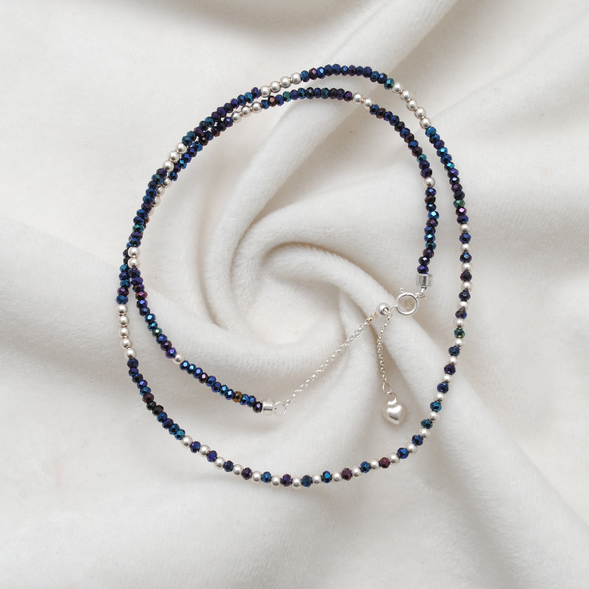 Blue Mystic Faceted Beaded Charm Necklace - Iridescent Side Profile