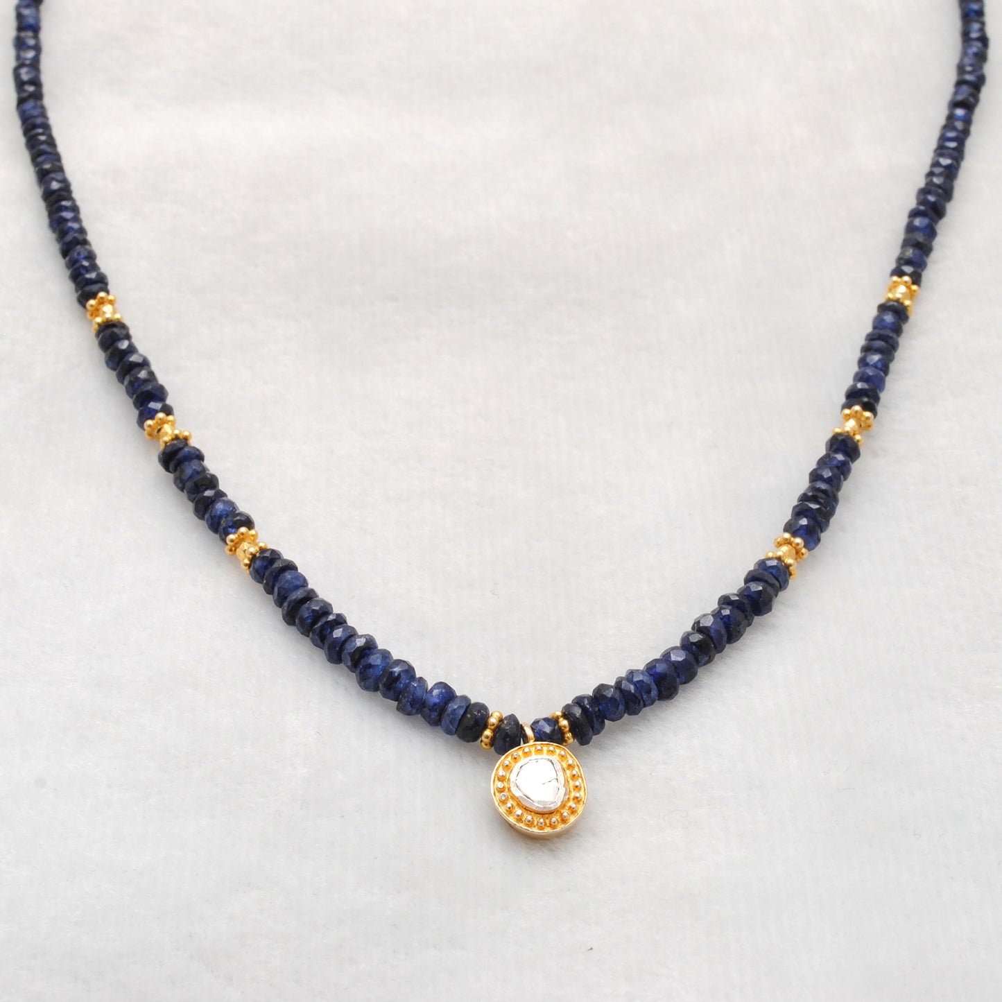 Blue Sapphire Beaded Rose Cut Diamond Necklace - Diamond Pendant Close-Up