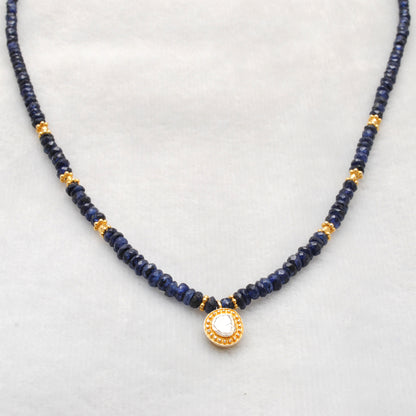 Blue Sapphire Beaded Rose Cut Diamond Necklace - Diamond Pendant Close-Up