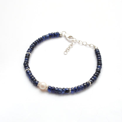 Blue Sapphire Pearl Dainty Bracelet - Clasp Detail Handmade