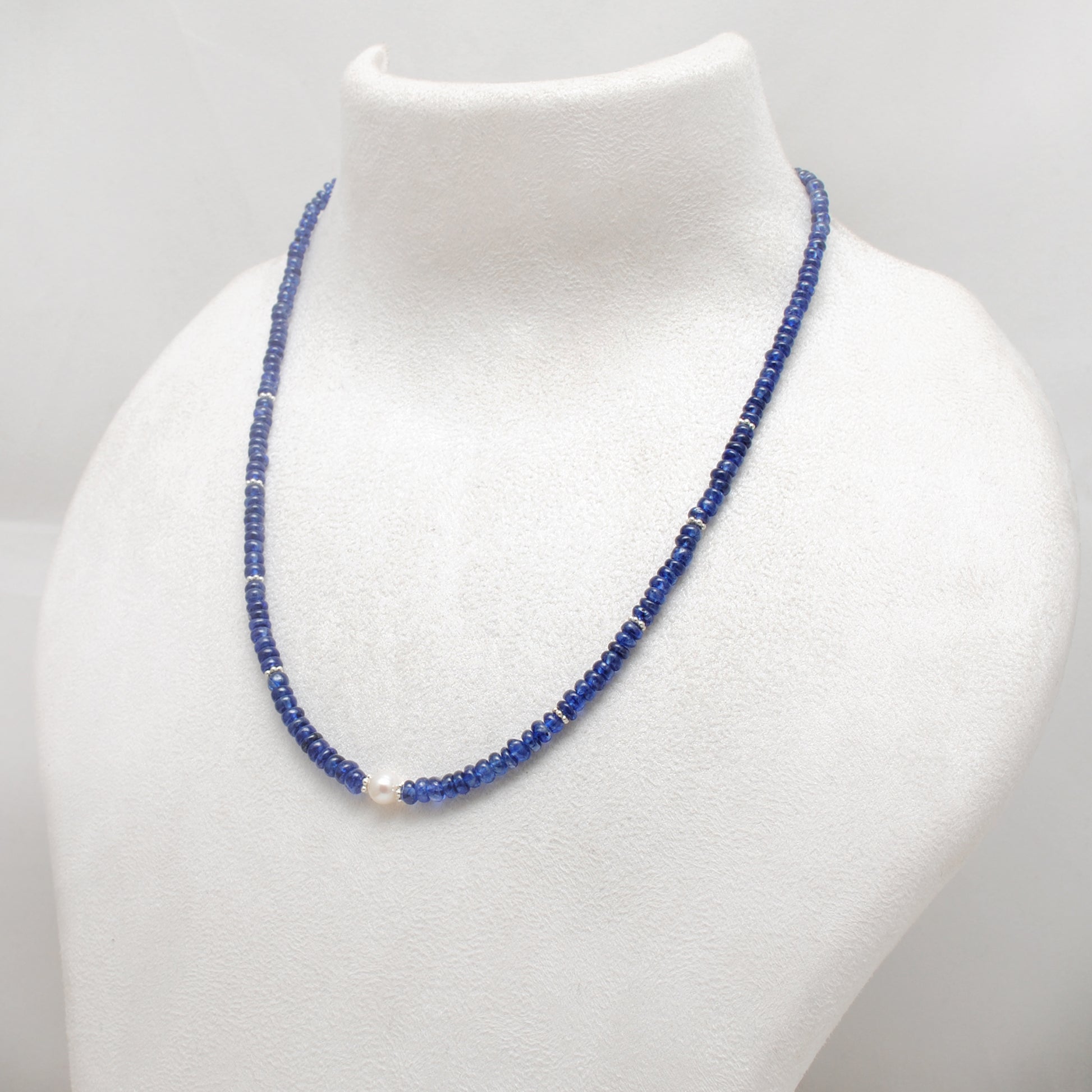 Blue Sapphire Pearl Strand Necklace - Overhead View Gemstone Jewelry