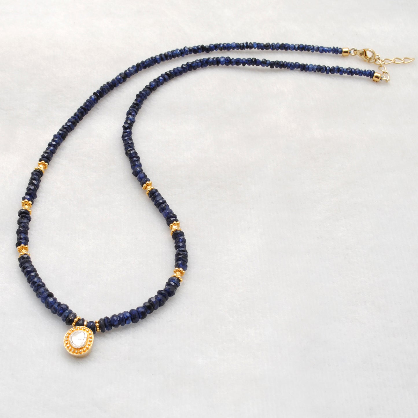 Blue Sapphire Rose Cut Diamond Necklace - Lifestyle Styled View