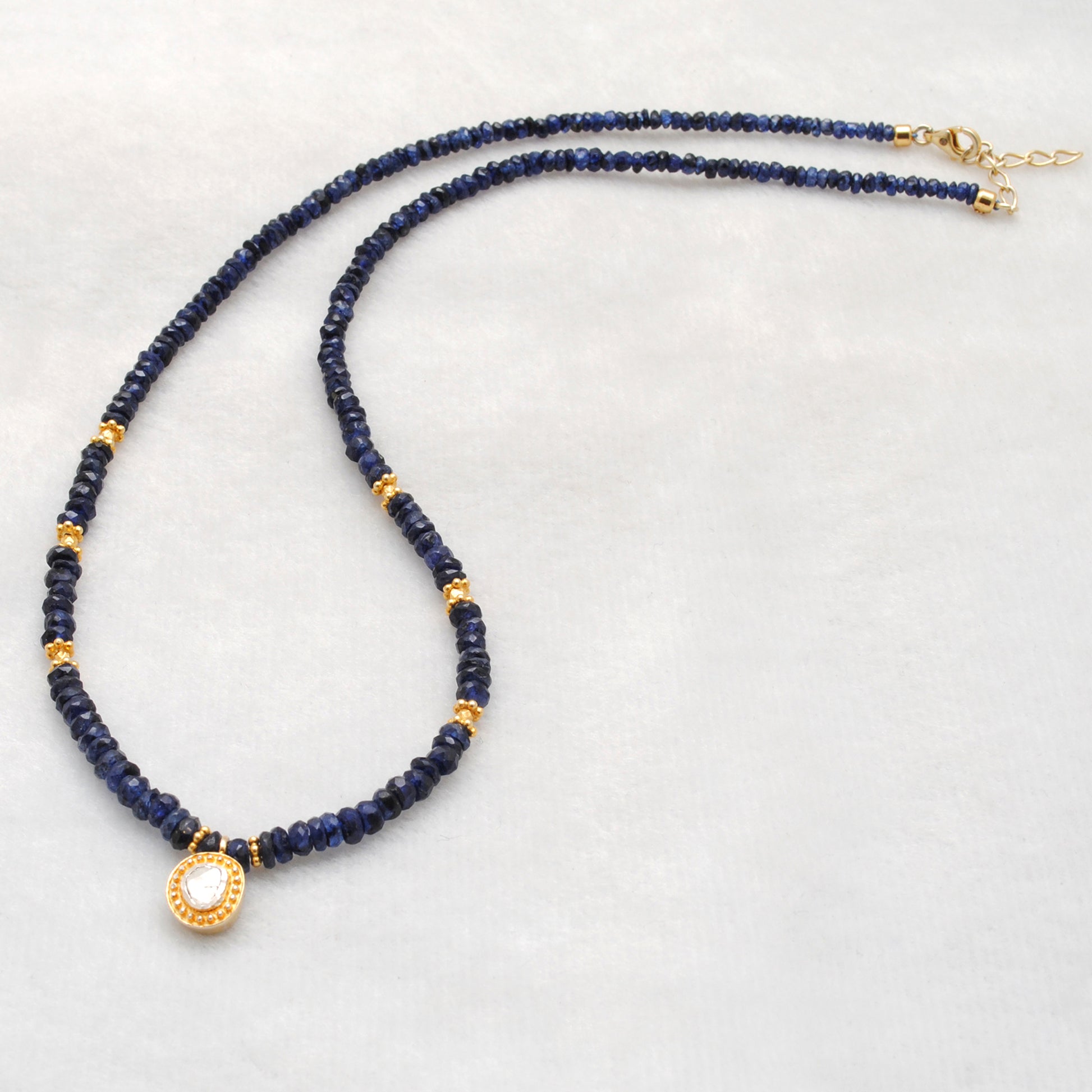 Blue Sapphire Rose Cut Diamond Necklace - Lifestyle Styled View