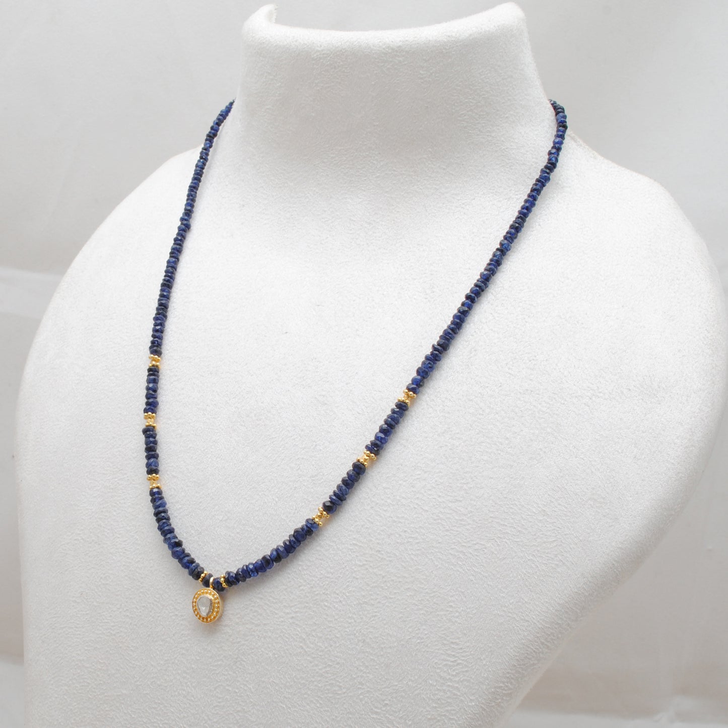 Blue Sapphire Rose Cut Diamond Pendant Necklace - Overhead View