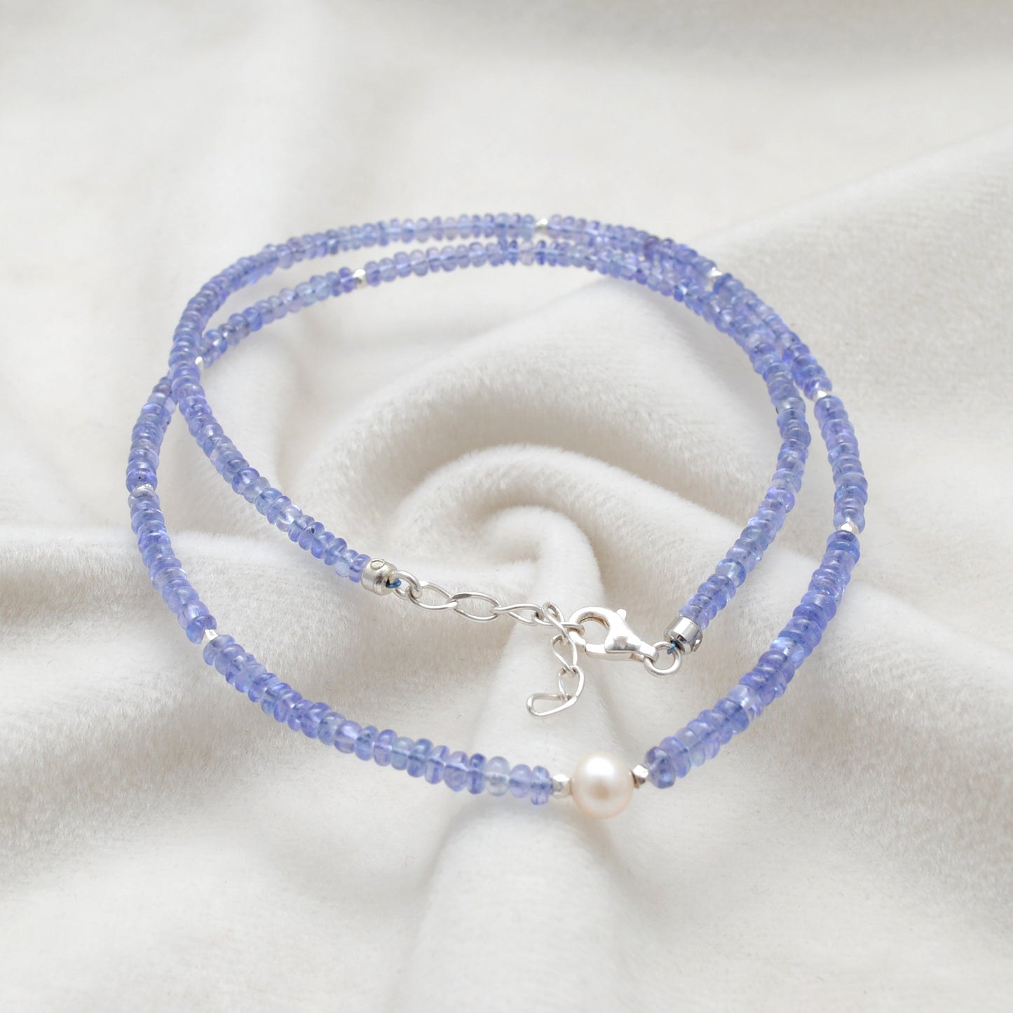 Blue Tanzanite Pearl Beaded Strand Necklace - Flat Lay