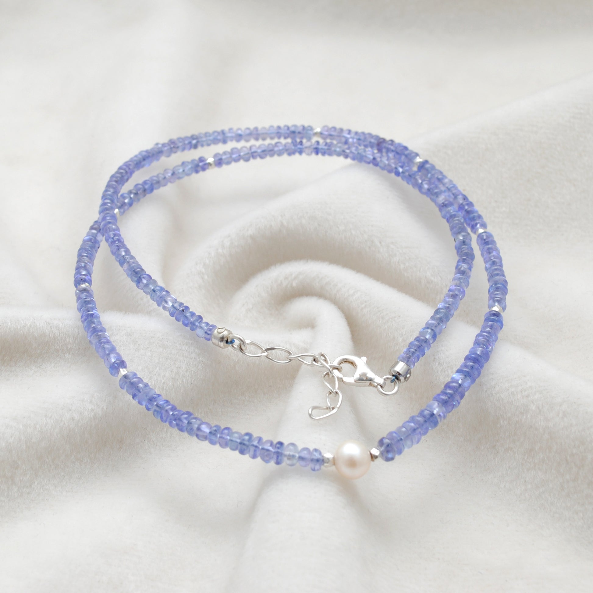 Blue Tanzanite Pearl Beaded Strand Necklace - Flat Lay