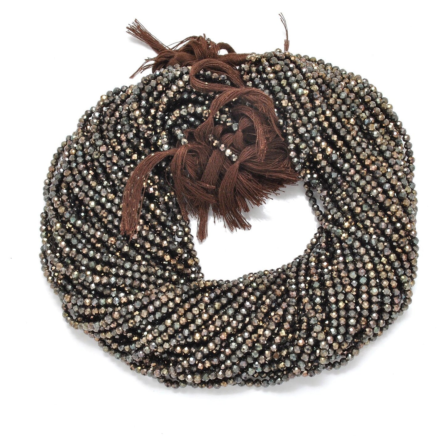 Brown pyrite faceted beads - close-up metallic bronze shimmer