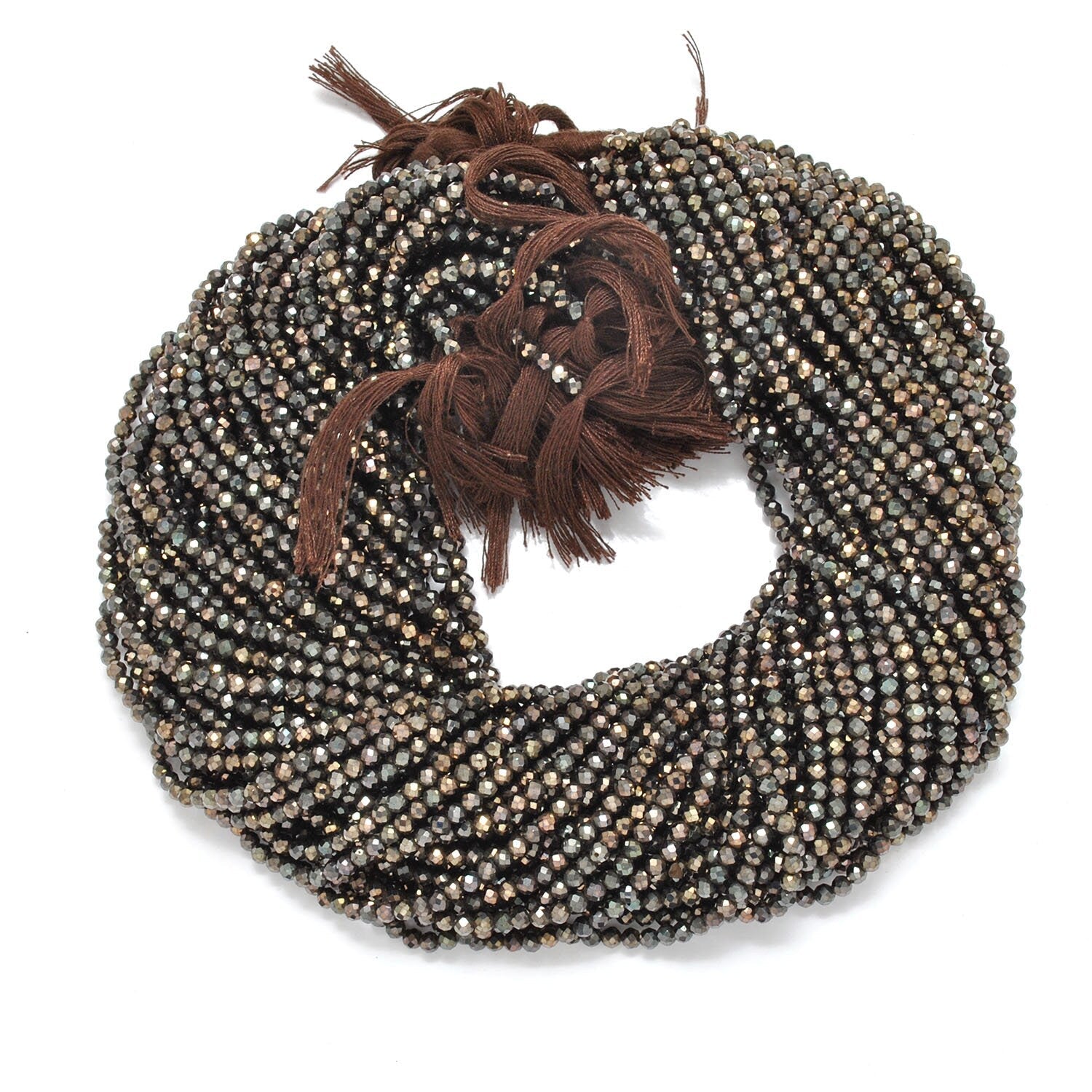 Brown pyrite faceted beads - close-up metallic bronze shimmer